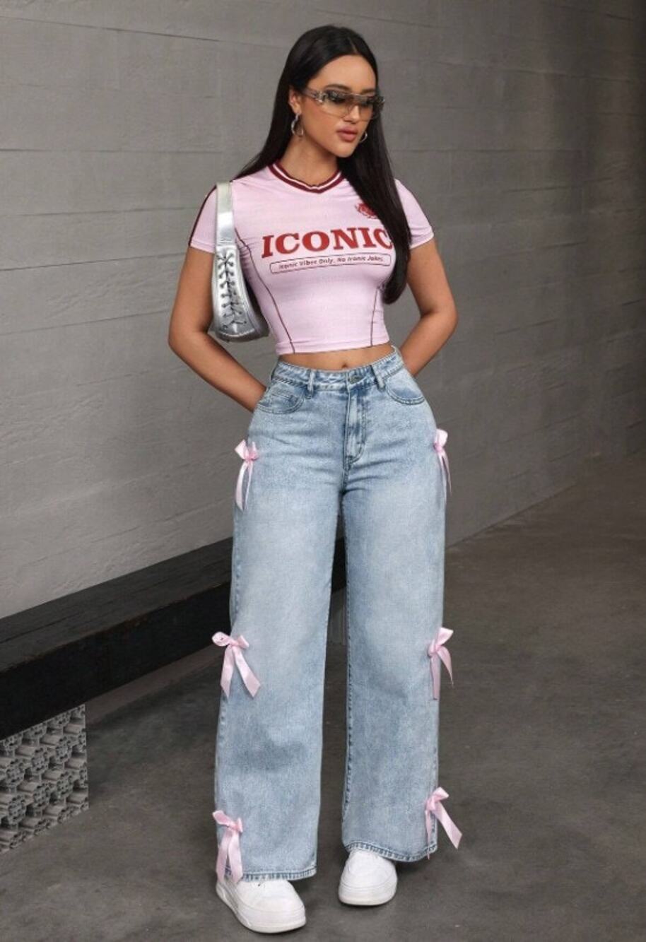 Shein Teen Denim Wide Leg Jeans w/ Pink Bows - Size 16Y